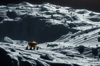 Philae űrszonda egy üstökös felszínén, űrkutatás kontextusban.