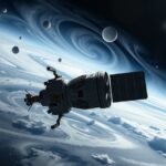 Galileo űrszonda a Jupiter körül, háttérben bolygók és felhők.