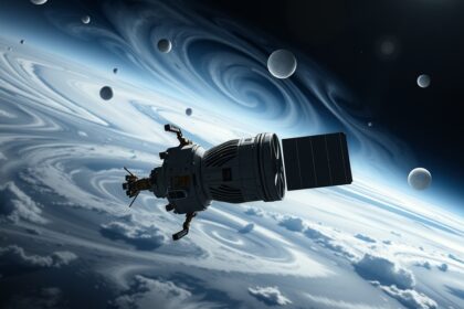 Galileo űrszonda a Jupiter körül, háttérben bolygók és felhők.