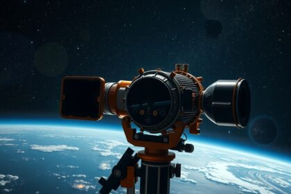 Modern távcső az űrben, bolygók és csillagok között.