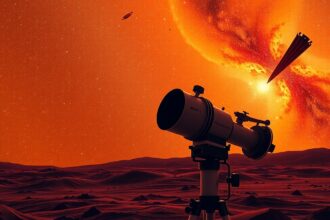 Spitzer-űrtávcső egy vöröses háttér előtt, csillagokkal és bolygókkal.