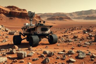 Curiosity rover on the Martian surface exploring rocks and terrain.