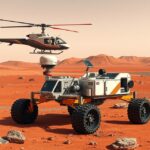 Perseverance rover and Ingenuity helicopter on Mars terrain