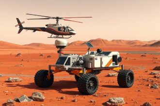 Perseverance rover and Ingenuity helicopter on Mars terrain