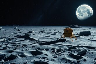 Szovjet holdszonda a Hold felszínén, a Luna-program szimbólumaként.