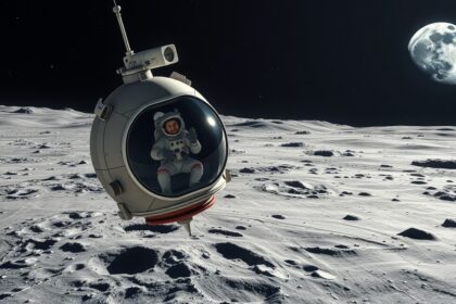 Űrhajós a Hold felszínén, Földkeltével a háttérben.