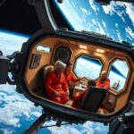 Űrhajósok beszélgetnek a Skylab űrállomás belsejében.