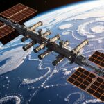 Nemzetközi Űrállomás a Föld felett, napelemekkel és modulokkal.