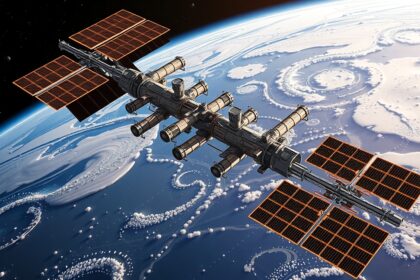 Nemzetközi Űrállomás a Föld felett, napelemekkel és modulokkal.