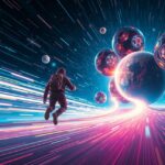 Egy asztronauta fénysebességgel utazik az űrben, gyönyörű színek és csillagok között.