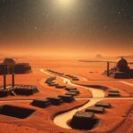 Kép a Mars felszínéről, fiktív civilizációs épületekkel és csatornákkal.