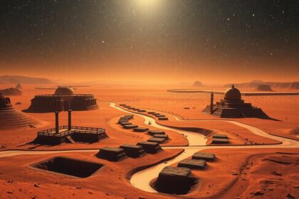 Kép a Mars felszínéről, fiktív civilizációs épületekkel és csatornákkal.