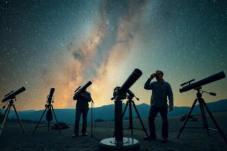 Csillagászok távcsövekkel a csillagok alatt, a Vulcan bolygó történetéért kutatva.