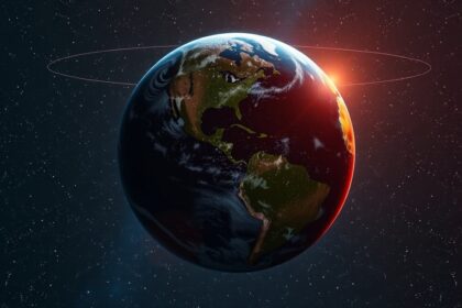 A Föld globális nézet, égi háttérrel és napfénnyel megvilágítva.