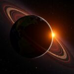 Bolygó a gyűrűkkel és napsütéssel az űrben.