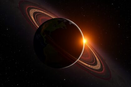 Bolygó a gyűrűkkel és napsütéssel az űrben.