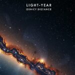 Csillagászati képmontázs egy fényévről és űrbeli távolságokról.