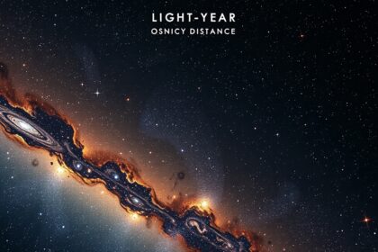 Csillagászati képmontázs egy fényévről és űrbeli távolságokról.