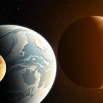 Két bolygó az űrben, egy világosabb és egy sötétebb felszínnel