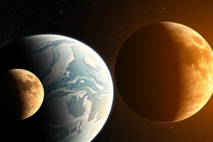 Két bolygó az űrben, egy világosabb és egy sötétebb felszínnel