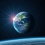 A Föld precessziója az űrből, csillagászat háttérben.