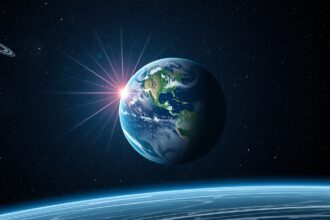 A Föld precessziója az űrből, csillagászat háttérben.