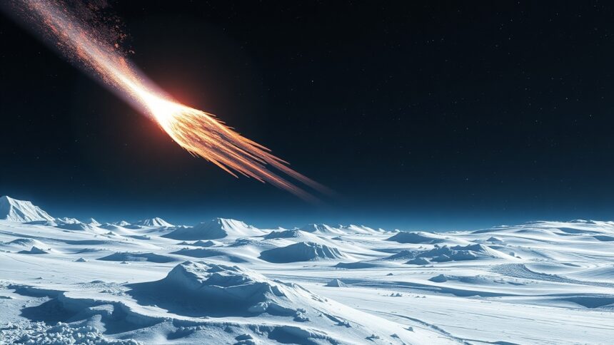 Üstökös zuhanása egy havas tájon, az űrben.
