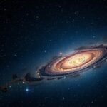 Galaxis az éjszakai égbolton, csillagokkal körülvéve.