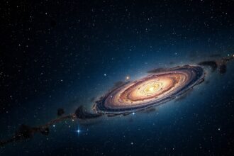 Galaxis az éjszakai égbolton, csillagokkal körülvéve.