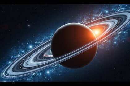 Kromatikus aberráció példája az űrben egy gyűrűs bolygóval.