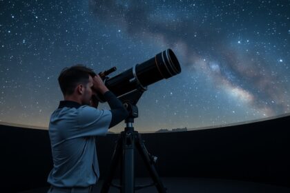 Csillagász távcsővel a csillagos ég alatt