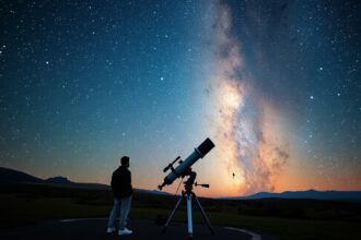 Éjszakai égbolt csillagvizsgálóval és csillagokkal