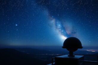 Csillagos égbolt a teleszkóp mellett, átlátszóság példája.