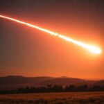 Fényes bolida látható az éjszakai égbolton, háttérben hegyekkel.