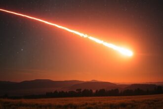 Fényes bolida látható az éjszakai égbolton, háttérben hegyekkel.