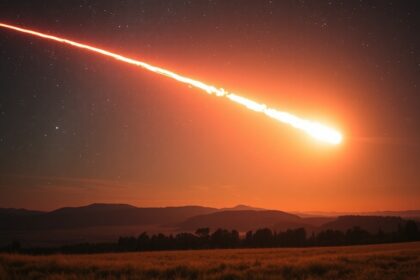 Fényes bolida látható az éjszakai égbolton, háttérben hegyekkel.