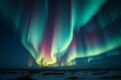 Aurora borealis az égbolton, geomágneses vihar idején.