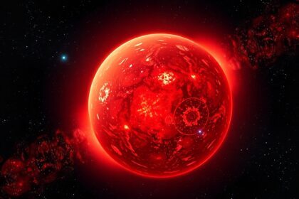 Vörös óriás csillag a galaxis sötét háttérben