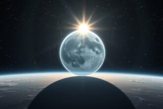 A Nap felkeltével megvilágított bolygó egy űrbeli tájban.