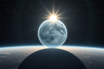 A Nap felkeltével megvilágított bolygó egy űrbeli tájban.