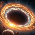 Egy csillagközi szingularitás ábrázolása, körülötte bolygók