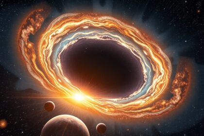 Egy csillagközi szingularitás ábrázolása, körülötte bolygók