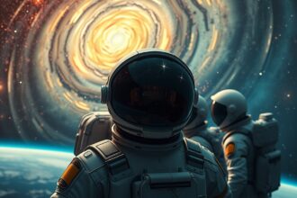 Űrhajósok az űrben egy galaxis előtt