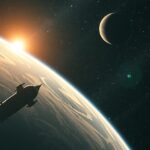 Űrhajó a Föld felett, napfelkeltével és bolygókkal a háttérben.