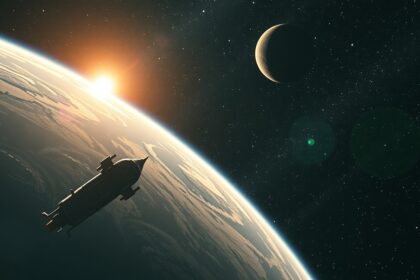 Űrhajó a Föld felett, napfelkeltével és bolygókkal a háttérben.