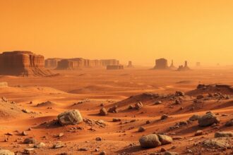 Földi táj, amely a Marson lévő sziklákra emlékeztet.