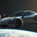 Tesla autó az űrben, bolygók és csillagok között.