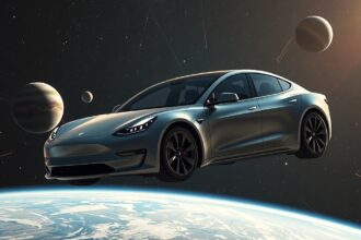Tesla autó az űrben, bolygók és csillagok között.
