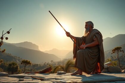 Eratoszthenész a Föld kerületét méri bottal nyári napfordulón.