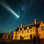 Halley-üstökös megjelenése a Bayeux-i kárpit mögött, csillagos égbolt alatt.